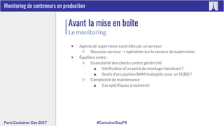 #ContainerDayFRParis Container Day 2017
Monitoring de conteneurs en production
Avant la mise en boîte
Le monitoring
▼ Agents de supervision contrôlés par un serveur
▽ Nouveau serveur -> opération sur le serveur de supervision
▼ Équilibre entre :
▽ Granularité des checks contre généricité
■ Vérification d’un point de montage inexistant ?
■ Seuils d’occupation RAM inadaptés pour un SGBD ?
▽ Complexité de maintenance
■ Cas spécifiques à maintenir
 