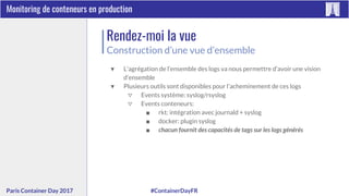 #ContainerDayFRParis Container Day 2017
Monitoring de conteneurs en production
Rendez-moi la vue
Construction d’une vue d’ensemble
▼ L'agrégation de l’ensemble des logs va nous permettre d’avoir une vision
d’ensemble
▼ Plusieurs outils sont disponibles pour l’acheminement de ces logs
▽ Events système: syslog/rsyslog
▽ Events conteneurs:
■ rkt: intégration avec journald + syslog
■ docker: plugin syslog
■ chacun fournit des capacités de tags sur les logs générés
 
