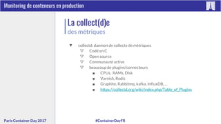 #ContainerDayFRParis Container Day 2017
Monitoring de conteneurs en production
La collect(d)e
▼ collectd: daemon de collecte de métriques
▽ Codé en C
▽ Open source
▽ Communauté active
▽ beaucoup de plugins/connecteurs
■ CPUs, RAMs, Disk
■ Varnish, Redis
■ Graphite, Rabbitmq, kafka, InfluxDB, ...
■ https://collectd.org/wiki/index.php/Table_of_Plugins
des métriques
 
