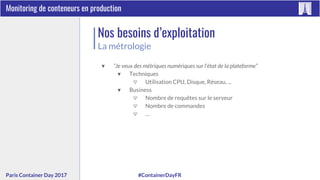 #ContainerDayFRParis Container Day 2017
Monitoring de conteneurs en production
Nos besoins d’exploitation
La métrologie
▼ “Je veux des métriques numériques sur l’état de la plateforme”
▼ Techniques
▽ Utilisation CPU, Disque, Réseau, ...
▼ Business
▽ Nombre de requêtes sur le serveur
▽ Nombre de commandes
▽ …
 