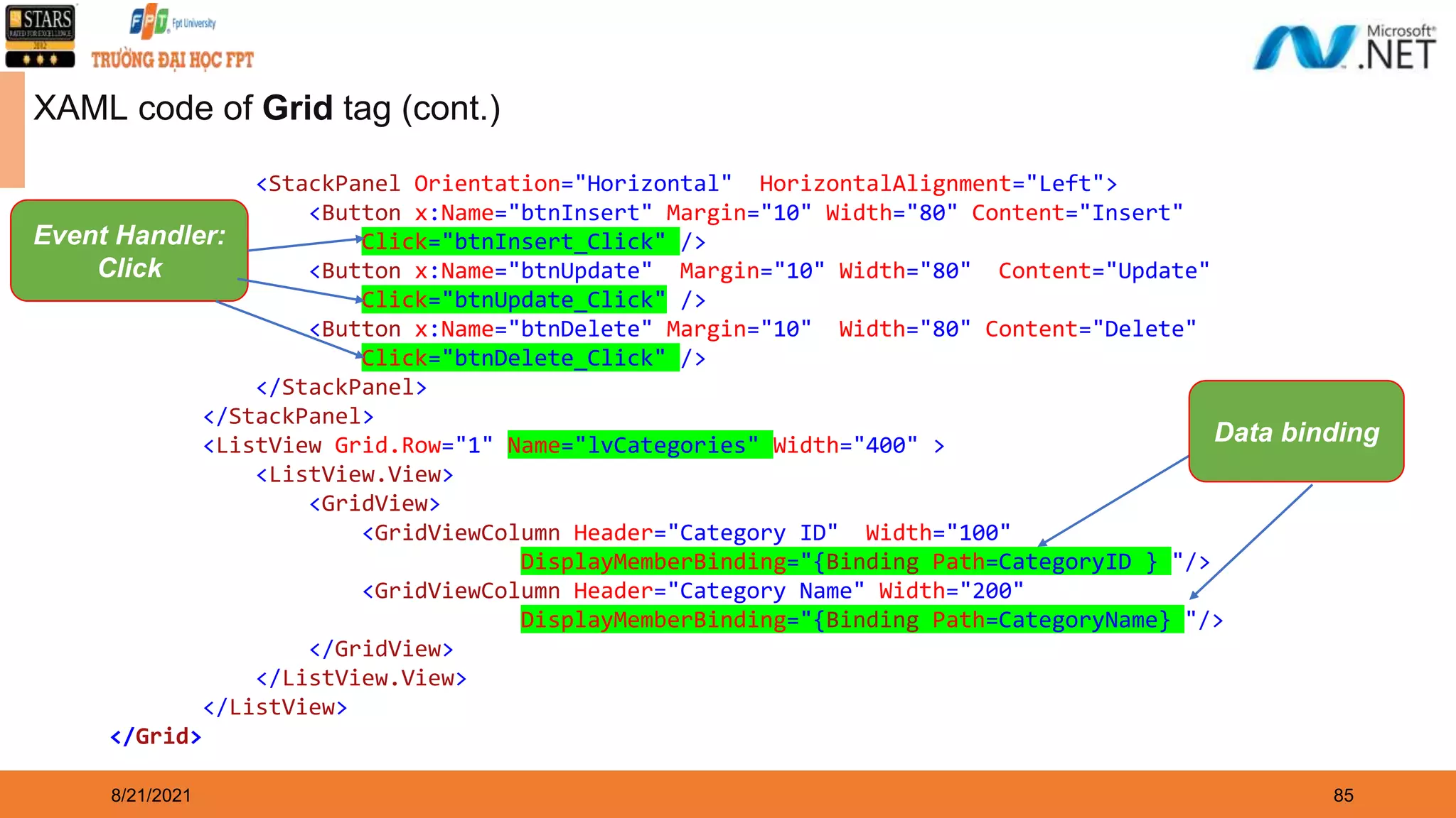 8/21/2021 85 XAML code of Grid tag (cont.) <StackPanel Orientation="Horizontal" HorizontalAlignment="Left"> <Button x:Name="btnInsert" Margin="10" Width="80" Content="Insert" Click="btnInsert_Click" /> <Button x:Name="btnUpdate" Margin="10" Width="80" Content="Update" Click="btnUpdate_Click" /> <Button x:Name="btnDelete" Margin="10" Width="80" Content="Delete" Click="btnDelete_Click" /> </StackPanel> </StackPanel> <ListView Grid.Row="1" Name="lvCategories" Width="400" > <ListView.View> <GridView> <GridViewColumn Header="Category ID" Width="100" DisplayMemberBinding="{Binding Path=CategoryID } "/> <GridViewColumn Header="Category Name" Width="200" DisplayMemberBinding="{Binding Path=CategoryName} "/> </GridView> </ListView.View> </ListView> </Grid> Event Handler: Click Data binding 