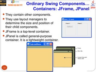 Ordinary Swing Components…
Containers: JFrame, JPanel
They contain other components.
They use layout managers to
determine the size and position of
their child components.
JFrame is a top-level container.
JPanel is called general-purpose
container. It is a lightweight container.
13
 
