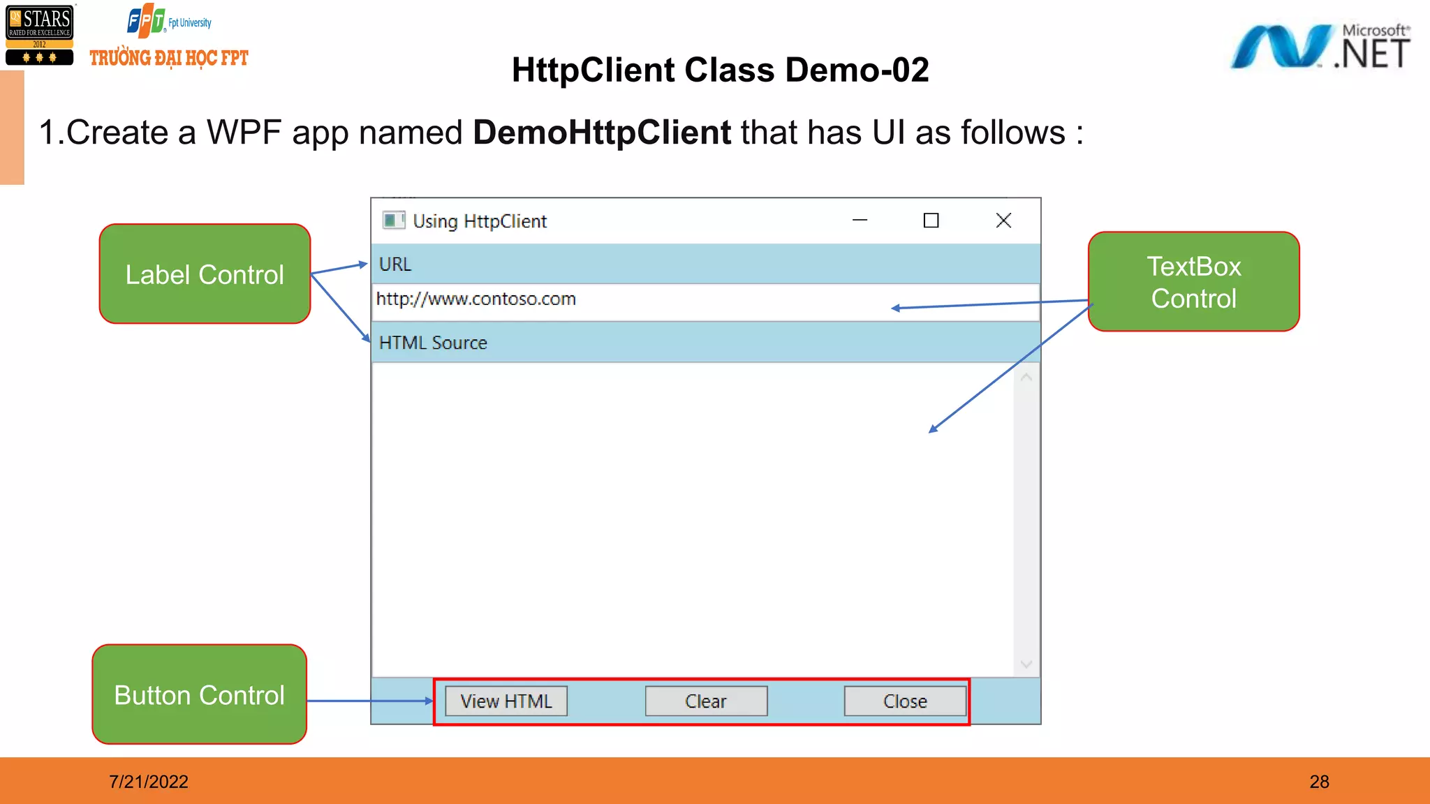 7/21/2022 28 HttpClient Class Demo-02 1.Create a WPF app named DemoHttpClient that has UI as follows : TextBox Control Label Control Button Control 