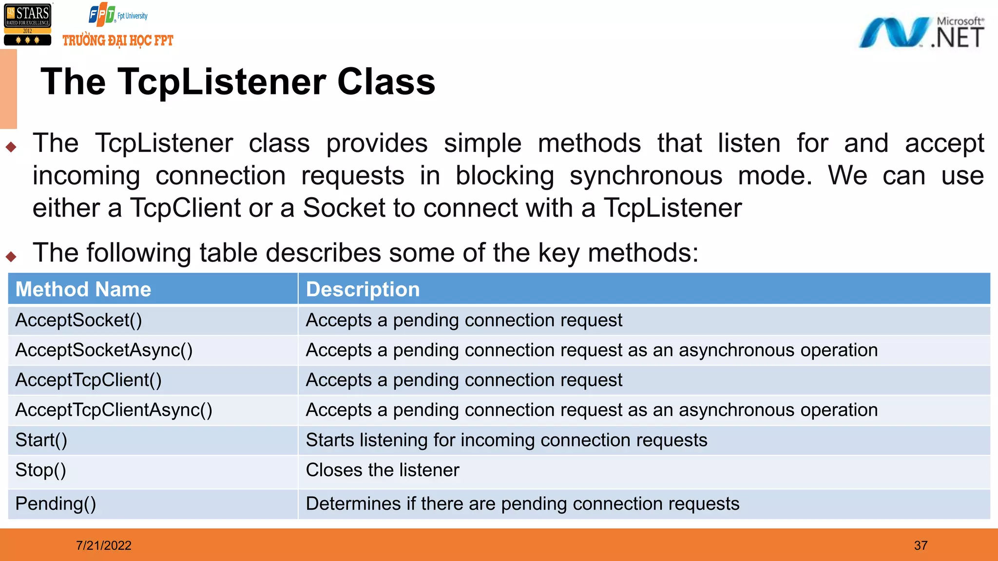 7/21/2022 37 The TcpListener Class  The TcpListener class provides simple methods that listen for and accept incoming connection requests in blocking synchronous mode. We can use either a TcpClient or a Socket to connect with a TcpListener  The following table describes some of the key methods: Method Name Description AcceptSocket() Accepts a pending connection request AcceptSocketAsync() Accepts a pending connection request as an asynchronous operation AcceptTcpClient() Accepts a pending connection request AcceptTcpClientAsync() Accepts a pending connection request as an asynchronous operation Start() Starts listening for incoming connection requests Stop() Closes the listener Pending() Determines if there are pending connection requests 