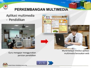 PERKEMBANGAN MULTIMEDIA
Aplikasi multimedia
- Pendidikan

Murid belajar melalui aplikasi
multimedia berasakan web

Guru mengajar menggunakan
perisian pendidikan
2/5
KEMENTERIAN PENDIDIKAN MALAYSIA

 