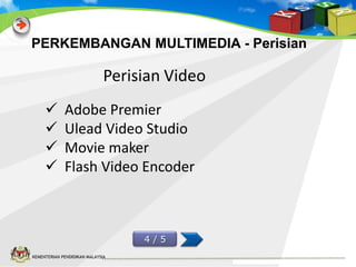 PERKEMBANGAN MULTIMEDIA - Perisian

Perisian Video





Adobe Premier
Ulead Video Studio
Movie maker
Flash Video Encoder

4/5
KEMENTERIAN PENDIDIKAN MALAYSIA

 