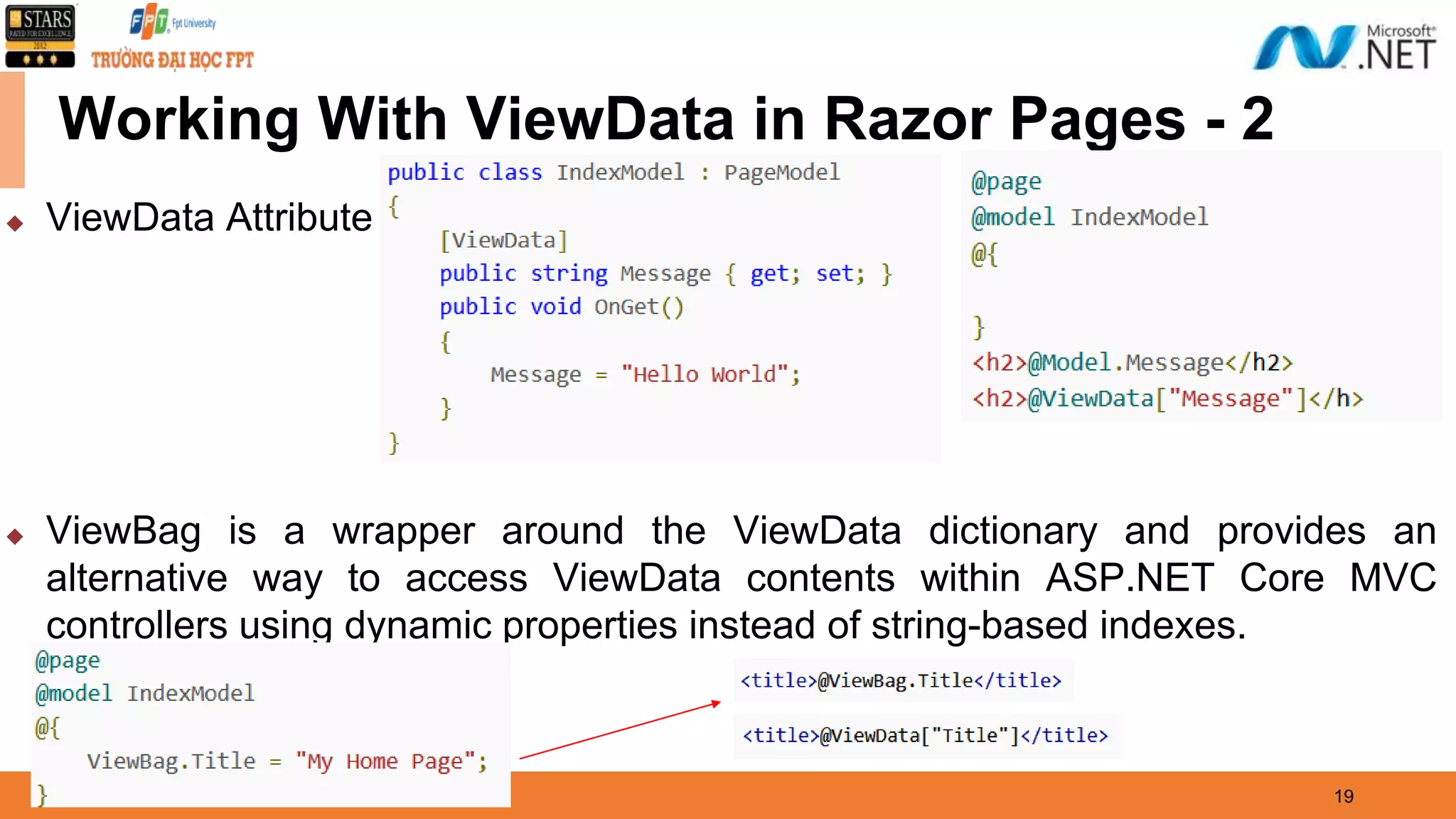 08/21/21 19 Working With ViewData in Razor Pages - 2 ◆ ViewData Attribute ◆ ViewBag is a wrapper around the ViewData dictionary and provides an alternative way to access ViewData contents within ASP.NET Core MVC controllers using dynamic properties instead of string-based indexes. 