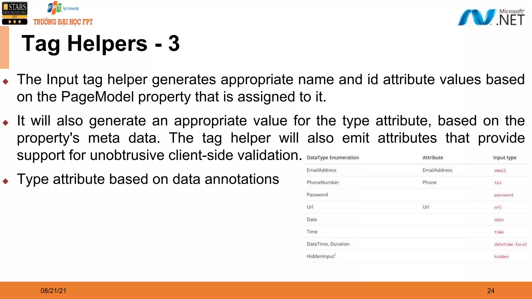 08/21/21 24 Tag Helpers - 3 ◆ The Input tag helper generates appropriate name and id attribute values based on the PageModel property that is assigned to it. ◆ It will also generate an appropriate value for the type attribute, based on the property's meta data. The tag helper will also emit attributes that provide support for unobtrusive client-side validation. ◆ Type attribute based on data annotations 