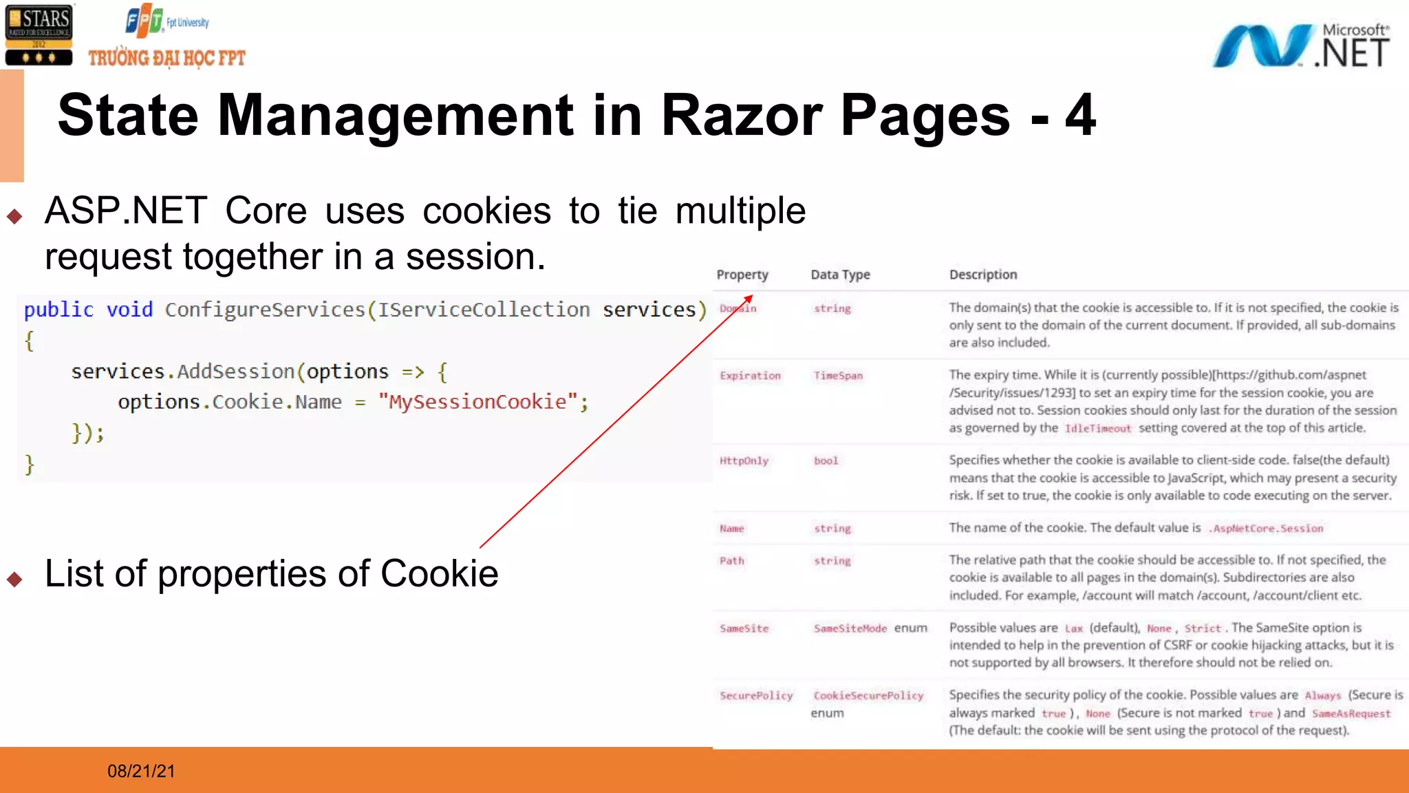 08/21/21 State Management in Razor Pages - 4 ◆ ASP.NET Core uses cookies to tie multiple request together in a session. ◆ List of properties of Cookie 