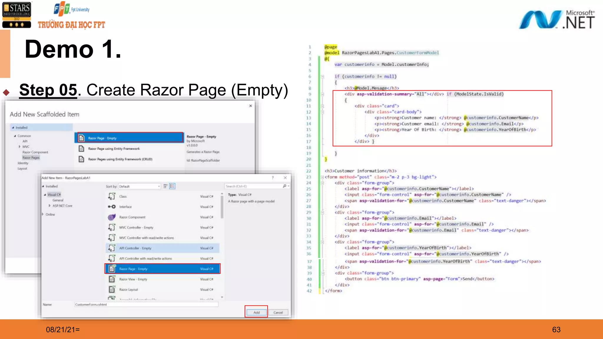 08/21/21= 63 Demo 1. ◆ Step 05. Create Razor Page (Empty) 