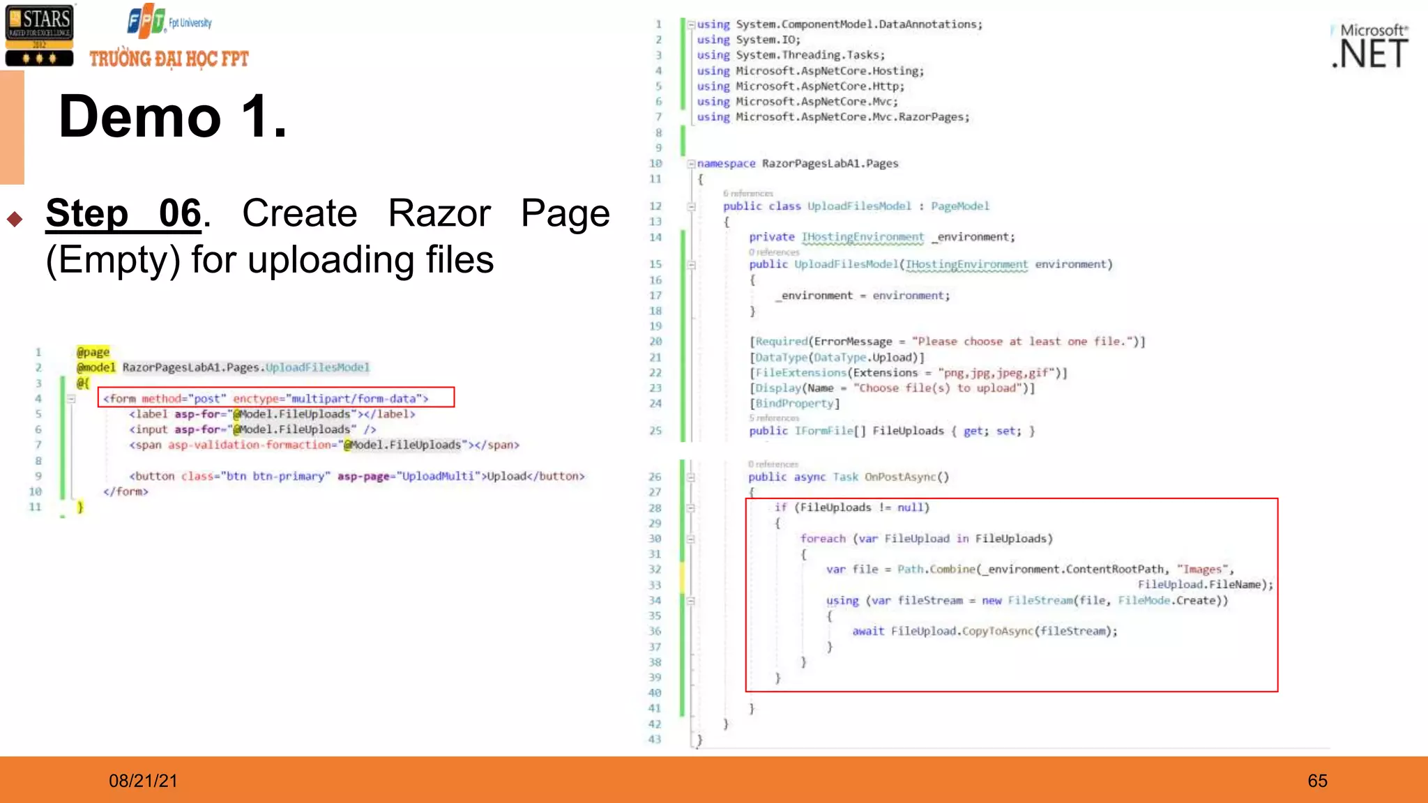 08/21/21 65 Demo 1. ◆ Step 06. Create Razor Page (Empty) for uploading files 