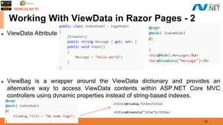 08/21/21 19
Working With ViewData in Razor Pages - 2
◆ ViewData Attribute
◆ ViewBag is a wrapper around the ViewData dictionary and provides an
alternative way to access ViewData contents within ASP.NET Core MVC
controllers using dynamic properties instead of string-based indexes.
 