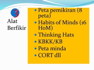 3
Alat
Berfikir
 Peta pemikiran (8
peta)
 Habits of Minds (16
HoM)
 Thinking Hats
 KBKK/KB
 Peta minda
 CORT dll
 