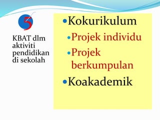 5
KBAT dlm
aktiviti
pendidikan
di sekolah
Kokurikulum
Projek individu
Projek
berkumpulan
Koakademik
 