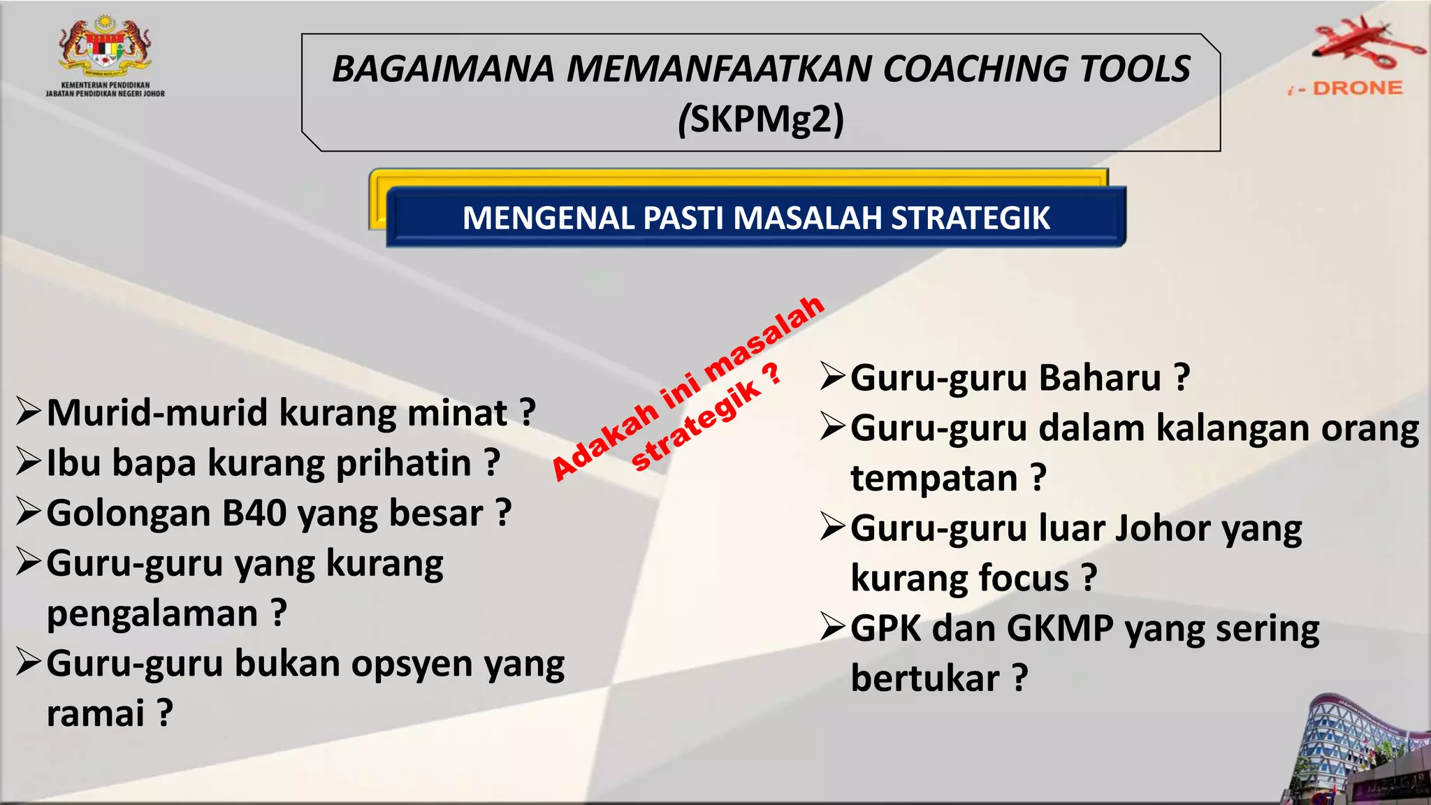 MENGENAL PASTI MASALAH STRATEGIK
Guru-guru Baharu ?
Guru-guru dalam kalangan orang
tempatan ?
Guru-guru luar Johor yang
kurang focus ?
GPK dan GKMP yang sering
bertukar ?
Murid-murid kurang minat ?
Ibu bapa kurang prihatin ?
Golongan B40 yang besar ?
Guru-guru yang kurang
pengalaman ?
Guru-guru bukan opsyen yang
ramai ?
BAGAIMANA MEMANFAATKAN COACHING TOOLS
(SKPMg2)
 