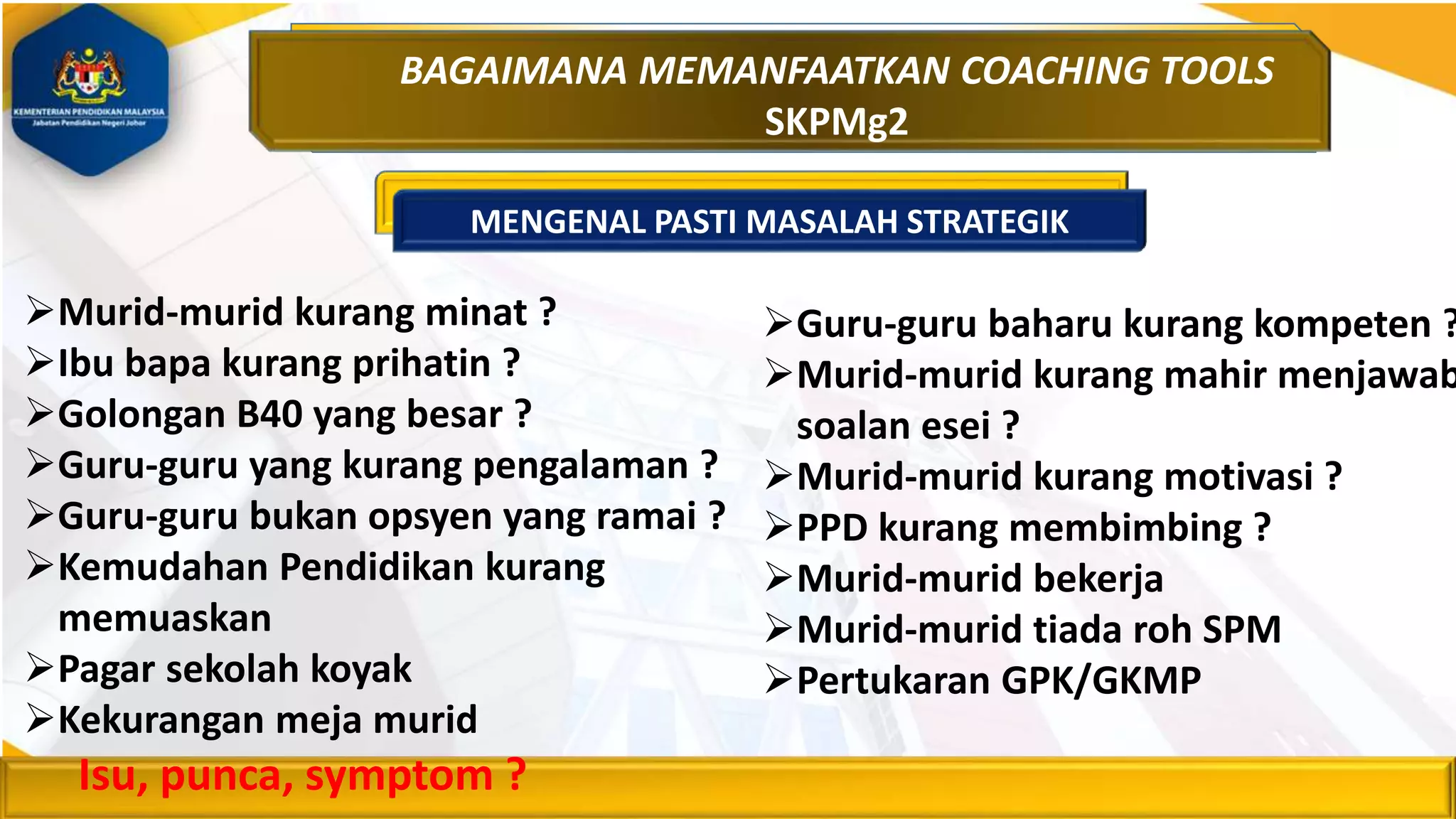 BAGAIMANA MEMANFAATKAN COACHING TOOLS
SKPMg2
MENGENAL PASTI MASALAH STRATEGIK
Guru-guru baharu kurang kompeten ?
Murid-murid kurang mahir menjawab
soalan esei ?
Murid-murid kurang motivasi ?
PPD kurang membimbing ?
Murid-murid bekerja
Murid-murid tiada roh SPM
Pertukaran GPK/GKMP
Murid-murid kurang minat ?
Ibu bapa kurang prihatin ?
Golongan B40 yang besar ?
Guru-guru yang kurang pengalaman ?
Guru-guru bukan opsyen yang ramai ?
Kemudahan Pendidikan kurang
memuaskan
Pagar sekolah koyak
Kekurangan meja murid
Isu, punca, symptom ?
 
