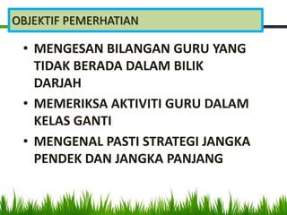 OBJEKTIF PEMERHATIAN

 • MENGESAN BILANGAN GURU YANG
   TIDAK BERADA DALAM BILIK
   DARJAH
 • MEMERIKSA AKTIVITI GURU DALAM
   KELAS GANTI
 • MENGENAL PASTI STRATEGI JANGKA
   PENDEK DAN JANGKA PANJANG
 