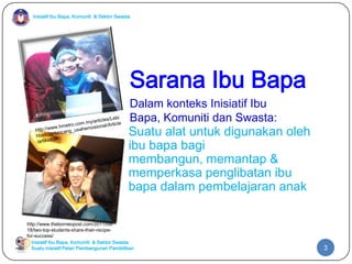 Inisiatif Ibu Bapa, Komuniti & Sektor Swasta
Inisiatif Ibu Bapa, Komuniti & Sektor Swasta
Suatu inisiatif Pelan Pembangunan Pendidikan
Sarana Ibu Bapa
Suatu alat untuk digunakan oleh
ibu bapa bagi
membangun, memantap &
memperkasa penglibatan ibu
bapa dalam pembelajaran anak
Dalam konteks Inisiatif Ibu
Bapa, Komuniti dan Swasta:
3
http://www.theborneopost.com/2011/09/
18/two-top-students-share-their-recipe-
for-success/
 