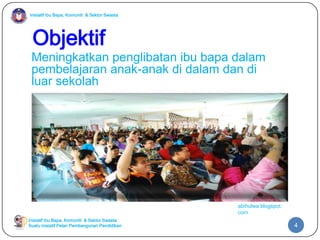 Inisiatif Ibu Bapa, Komuniti & Sektor Swasta
Inisiatif Ibu Bapa, Komuniti & Sektor Swasta
Suatu inisiatif Pelan Pembangunan Pendidikan
Objektif
Meningkatkan penglibatan ibu bapa dalam
pembelajaran anak-anak di dalam dan di
luar sekolah
abihulwa.blogspot.
com
4
 