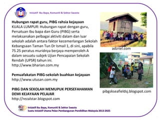 iInisiatif Ibu Bapa, Komuniti & Sektor Swasta
Inisiatif Ibu Bapa, Komuniti & Sektor SwastaInisiatif Ibu Bapa, Komuniti & Sektor Swasta
Suatu Inisiatif Utama Pelan Pembangunan Pendidikan Malaysia 2013-2025Suatu Inisiatif Utama Pelan Pembangunan Pendidikan Malaysia 2013-2025
Hubungan rapat guru, PIBG rahsia kejayaan
KUALA LUMPUR: Hubungan rapat dengan guru,
Persatuan Ibu bapa dan Guru (PIBG) serta
melaksanakan pelbagai aktiviti dalam dan luar
sekolah adalah antara faktor kecemerlangan Sekolah
Kebangsaan Taman Tun Dr Ismail 1, di sini, apabila
75.25 peratus muridnya berjaya memperoleh A
dalam sesuatu subjek Ujian Pencapaian Sekolah
Rendah (UPSR) tahun ini.
http://www.bharian.com.my
Pemuafakatan PIBG-sekolah buahkan kejayaan
http://www.utusan.com.my
PIBG DAN SEKOLAH MEMUPUK PERSEFAHAMAN
DEMI KEJAYAAN PELAJAR
http://rezalstar.blogspot.com
adzriel.com
pibgskseafieldsj.blogspot.com
 