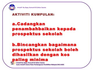 iInisiatif Ibu Bapa, Komuniti & Sektor Swasta
Inisiatif Ibu Bapa, Komuniti & Sektor SwastaInisiatif Ibu Bapa, Komuniti & Sektor Swasta
Suatu Inisiatif Utama Pelan Pembangunan Pendidikan Malaysia 2013-2025Suatu Inisiatif Utama Pelan Pembangunan Pendidikan Malaysia 2013-2025
AKTIVITI KUMPULAN:
a.Cadangkan
penambahbaikan kepada
prospektus sekolah
b.Bincangkan bagaimana
prospektus sekolah boleh
dihasilkan dengan kos
paling minima
 