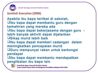 iInisiatif Ibu Bapa, Komuniti & Sektor Swasta
Inisiatif Ibu Bapa, Komuniti & Sektor SwastaInisiatif Ibu Bapa, Komuniti & Sektor Swasta
Suatu Inisiatif Utama Pelan Pembangunan Pendidikan Malaysia 2013-2025Suatu Inisiatif Utama Pelan Pembangunan Pendidikan Malaysia 2013-2025
Scottish Executive (2006)
Apabila ibu bapa terlibat di sekolah,
Ibu bapa dapat membantu guru dengan
kemahiran yang mereka ada
Ibu bapa dapat bekerjasama dengan guru -
lebih banyak aktiviti dapat dijalankan
Sikap murid lebih baik
Ibu bapa dapat memberi cadangan dalam
meningkatkan pencapaian murid
Guru mempunyai rakan untuk berkongsi
pendapat
Ibu bapa dapat membantu mendapatkan
penglibatan ibu bapa lain
 