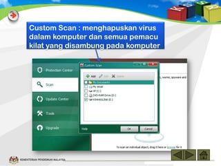 Custom Scan : menghapuskan virus
dalam komputer dan semua pemacu
kilat yang disambung pada komputer

KEMENTERIAN PENDIDIKAN MALAYSIA

 