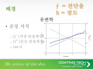 배경
유변학
• 공정 지식
o G’ (저장 탄성계수)
o G” (손실 탄성계수)
o tan d
 
