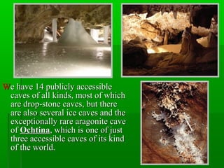 WWe have 14 publicly accessiblee have 14 publicly accessible
caves of all kinds, most of whichcaves of all kinds, most of which
are drop-stone cavesare drop-stone caves,, but therebut there
are also several ice caves and theare also several ice caves and the
exceptionally rare aragonite caveexceptionally rare aragonite cave
ofof OchtinaOchtina, which is one of just, which is one of just
three accessible caves of its kindthree accessible caves of its kind
of the world.of the world.
 