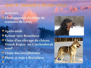 Jour 8 (samedi 2 février 2013)
Activités
Championnat de chien de 
 traineau de Latky 

Après-midi
Retour vers Brastilava
Visite d’un élevage de chiens 
 Slovak Kopov  ou Czechoslovak 
 woof
Visite des installations
Diner et nuit à Bratislava

 