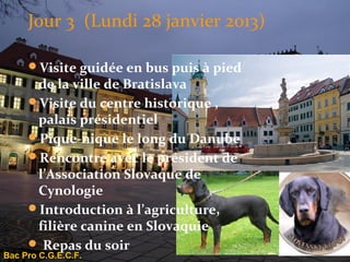 Jour 3 (Lundi 28 janvier 2013)

     Visite guidée en bus puis à pied
      de la ville de Bratislava
     Visite du centre historique ,
      palais présidentiel
     Pique-nique le long du Danube
     Rencontre avec le président de
      l’Association Slovaque de
      Cynologie
     Introduction à l’agriculture,
      filière canine en Slovaquie
      Repas du soir
Bac Pro C.G.E.C.F.
 