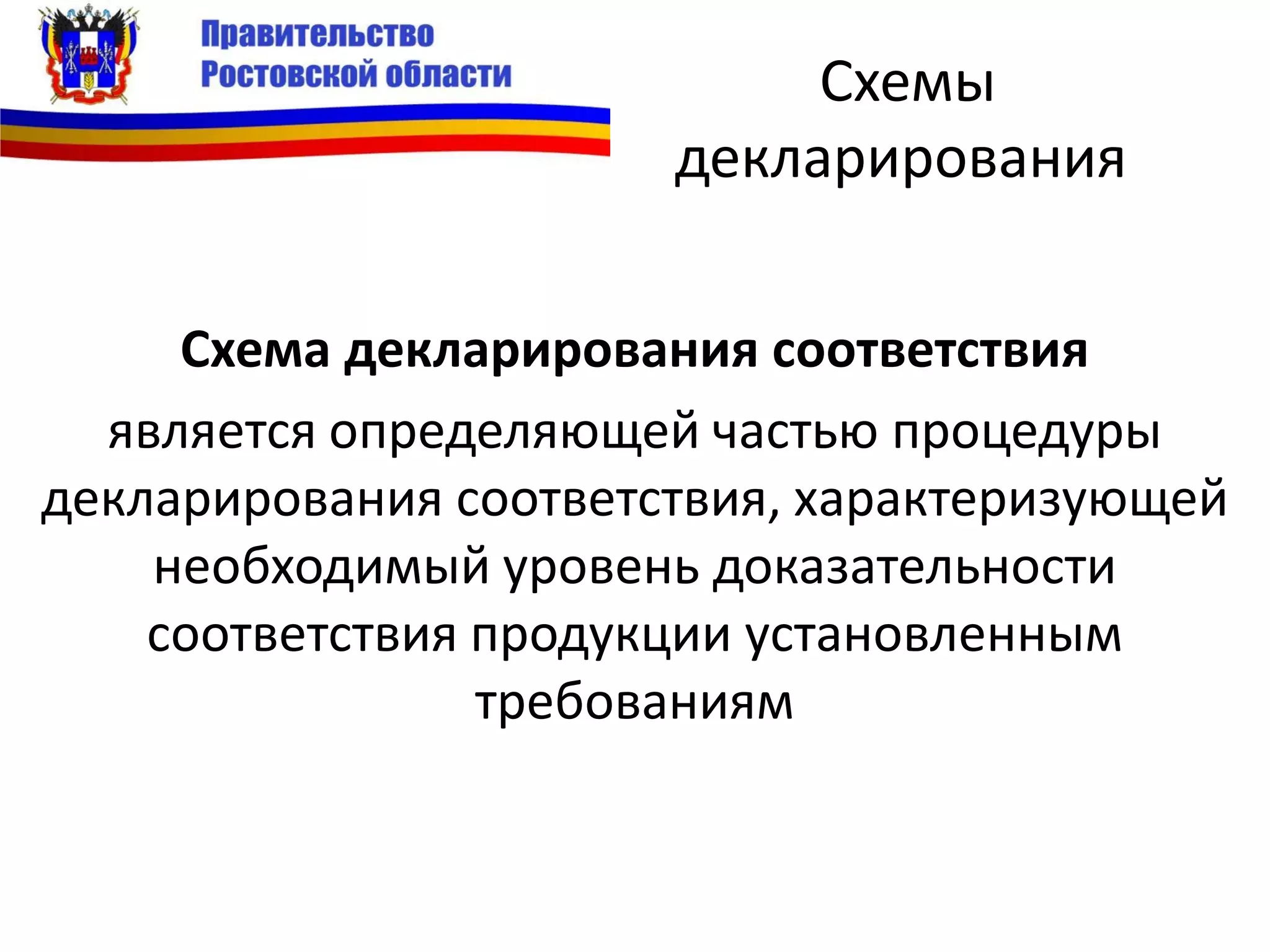 Схемы
декларирования
Схема декларирования соответствия
является определяющей частью процедуры
декларирования соответствия, характеризующей
необходимый уровень доказательности
соответствия продукции установленным
требованиям
 