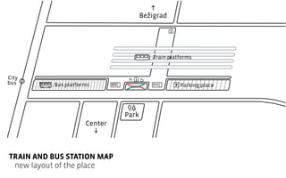 ↓
Bežigrad

Train platforms

City
bus

Bus platforms

Parking place

Park
Center
↓

TRAIN AND BUS STATION MAP
new layout of the place

 