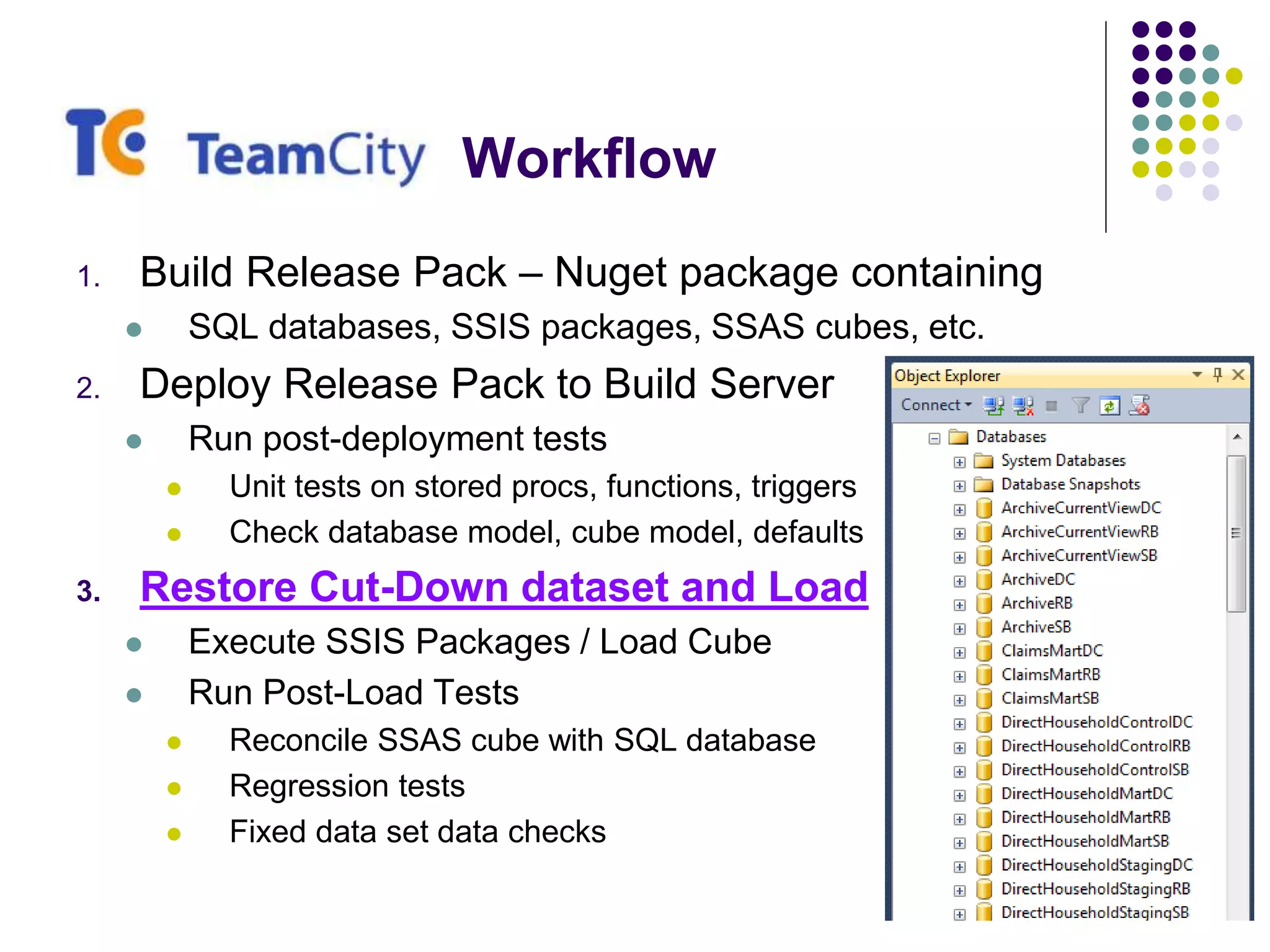 Workflow
1. Build Release Pack – Nuget package containing
 SQL databases, SSIS packages, SSAS cubes, etc.
2. Deploy Release Pack to Build Server
 Run post-deployment tests
 Unit tests on stored procs, functions, triggers
 Check database model, cube model, defaults
3. Restore Cut-Down dataset and Load
 Execute SSIS Packages / Load Cube
 Run Post-Load Tests
 Reconcile SSAS cube with SQL database
 Regression tests
 Fixed data set data checks
 