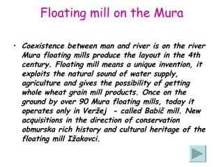 Floating mill on the Mura Coexistence between man and river is on the river Mura floating mills produce the layout in the 4th century. Floating mill means a unique invention, it exploits the natural sound of water supply, agriculture and gives the possibility of getting whole wheat grain mill products. Once on the ground by over 90 Mura floating mills, today it operates only in Veržej  - called Babič mill. New acquisitions in the direction of conservation obmurska rich history and cultural heritage of the floating mill Ižakovci. 