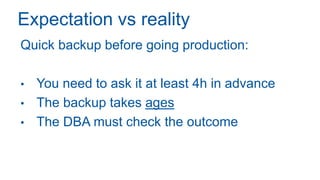 Expectation vs reality
Quick backup before going production:
• You need to ask it at least 4h in advance
• The backup takes ages
• The DBA must check the outcome
 
