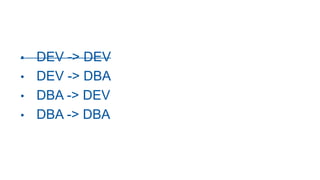 • DEV -> DEV
• DEV -> DBA
• DBA -> DEV
• DBA -> DBA
 