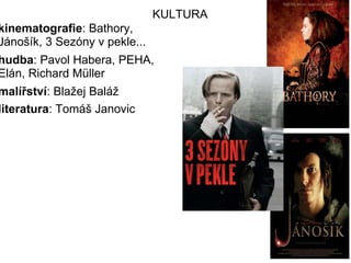 KULTURA   kinematografie : Bathory, Jánošík, 3 Sezóny v pekle... hudba : Pavol Habera, PEHA, Elán, Richard Müller malířství : Blažej Baláž literatura : Tomáš Janovic 