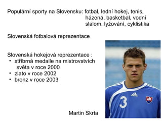 Populární sporty na Slovensku: fotbal, lední hokej, tenis,                                                         házená, basketbal, vodní                                                      slalom, lyžování, cyklistika Slovenská fotbalová reprezentace Slovenská hokejová reprezentace :  stříbrná medaile na mistrovstvích        světa v roce 2000 zlato v roce 2002 bronz v roce 2003 Martin Skrta 