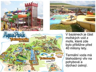 V bazénech je část mořských vod z moře, které zde bylo přibližne před 40 miliony lety.   Termální voda má blahodárný vliv na pohybové a dýchací ústrojí. 