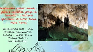 Demänovská jaskyňa slobody -
jedna z najväčších jaskýň na
Slovensku - v blízkosti
lyžiarskeho strediska Jasná,
Nízke Tatry.
Demänovská luola - yksi
Slovakian suurimmista
luolista - lähellä Jasná,
Matala Tatra –
hiihtokeskusta.
 