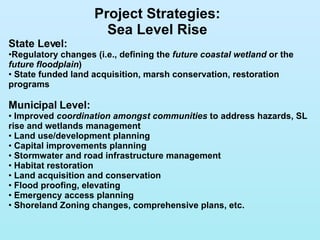 State Level: Regulatory changes (i.e., defining the  future coastal wetland  or the  future floodplain ) State funded land acquisition, marsh conservation, restoration programs Municipal Level: Improved  coordination amongst communities  to address hazards, SL rise and wetlands management Land use/development planning Capital improvements planning Stormwater and road infrastructure management Habitat restoration Land acquisition and conservation Flood proofing, elevating  Emergency access planning Shoreland Zoning changes, comprehensive plans, etc. Project Strategies: Sea Level Rise 