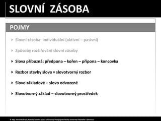 POJMY
 Slovní zásoba: individuální (aktivní – pasivní)
 Způsoby rozšiřování slovní zásoby
 Slova příbuzná; předpona – k...