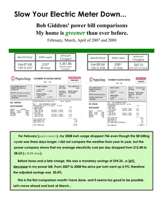 Slow Your Electric Meter Down...
Bob Giddens' power bill comparisons
My home is greener than ever before.
February, March, April of 2007 and 2008
Month/Year KWH used
Amount
Charged
Feb 07 bill
1/29 to 2/27
3127
28 days
$ 361.86
before price
increase
Month/Year KWH used
Amount
Charged
Feb 08 bill
1/26 to 2/26
2381
31 days
267.51
after price increase
For February (paid in March), my 2008 kwh usage dropped 746 even though the 08 billing
cycle was three days longer. I did not compare the weather from year to year, but the
power company shows that my average electricity cost per day dropped from $12.48 to
$8.63 (a 30.8% drop).
Before taxes and a late charge, this was a monetary savings of $94.35...a 26%
decrease in my power bill. From 2007 to 2008 the price per kwh went up 5.9%; therefore
the adjusted savings was 30.4%.
This is the first comparison month I have done, and it seems too good to be possible.
Let's move ahead and look at March...
 