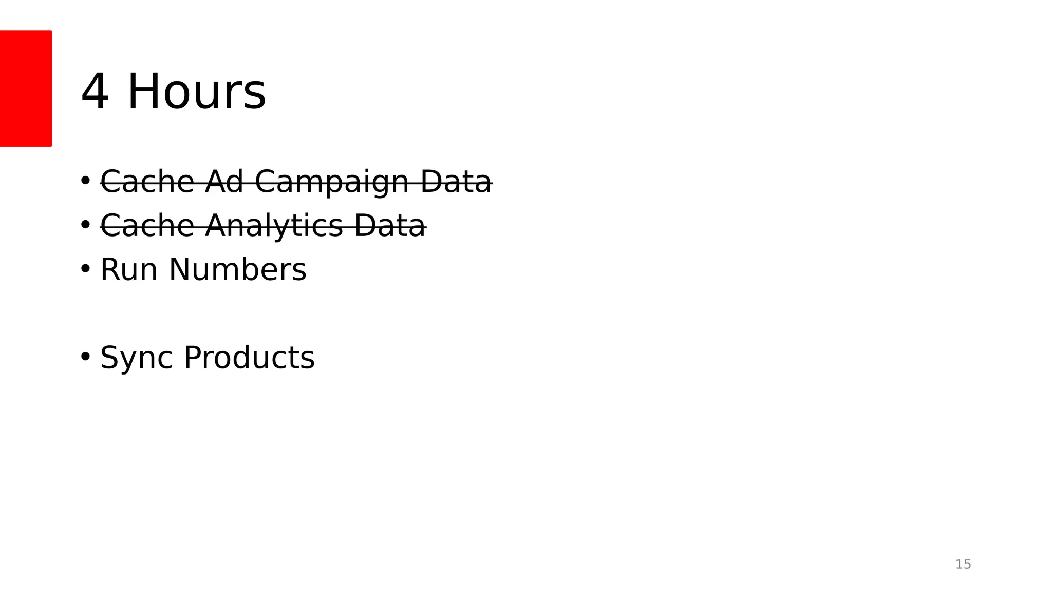 4 Hours
• Cache Ad Campaign Data
• Cache Analytics Data
• Run Numbers
• Sync Products
15
 