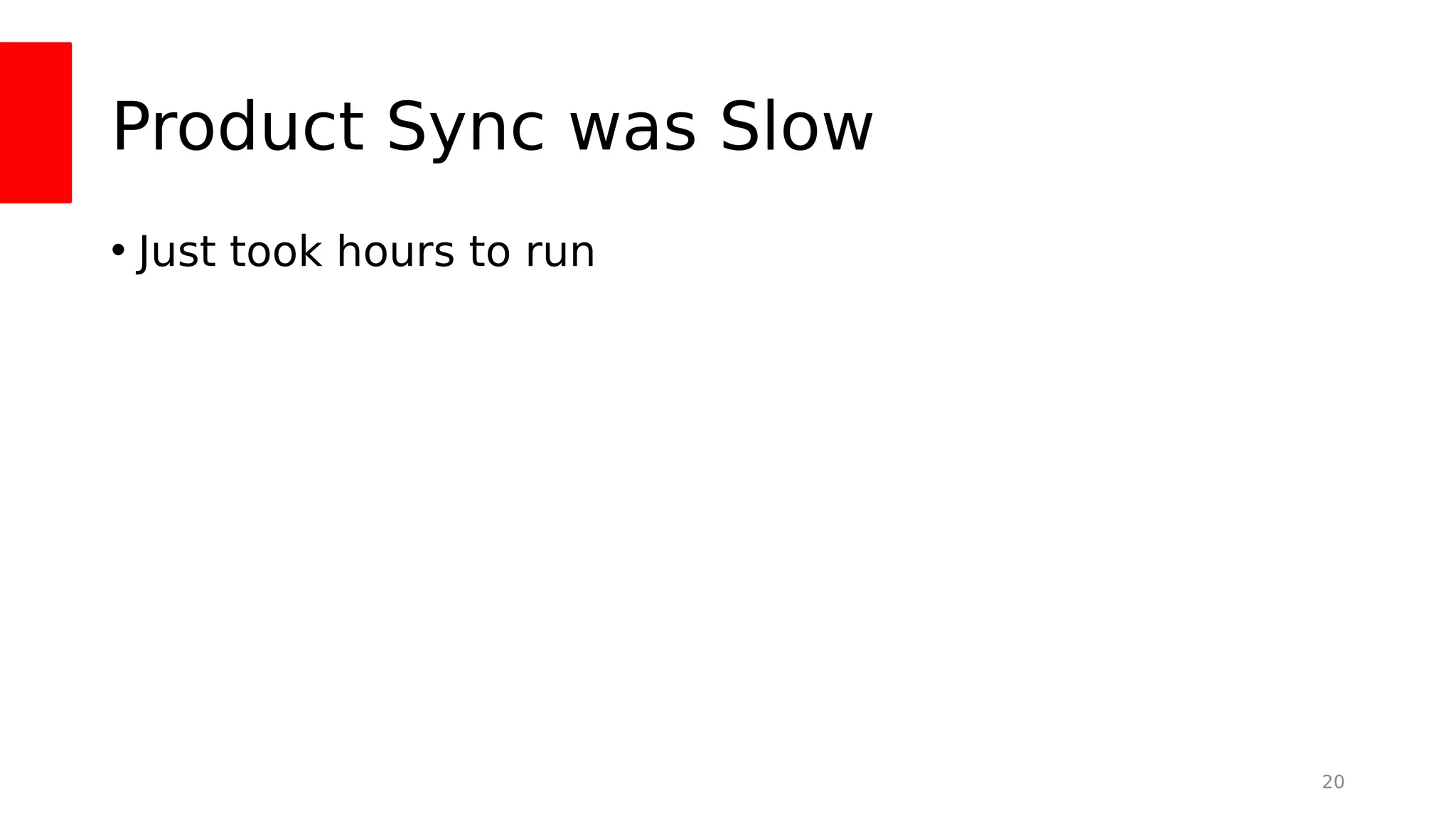 Product Sync was Slow
• Just took hours to run
20
 