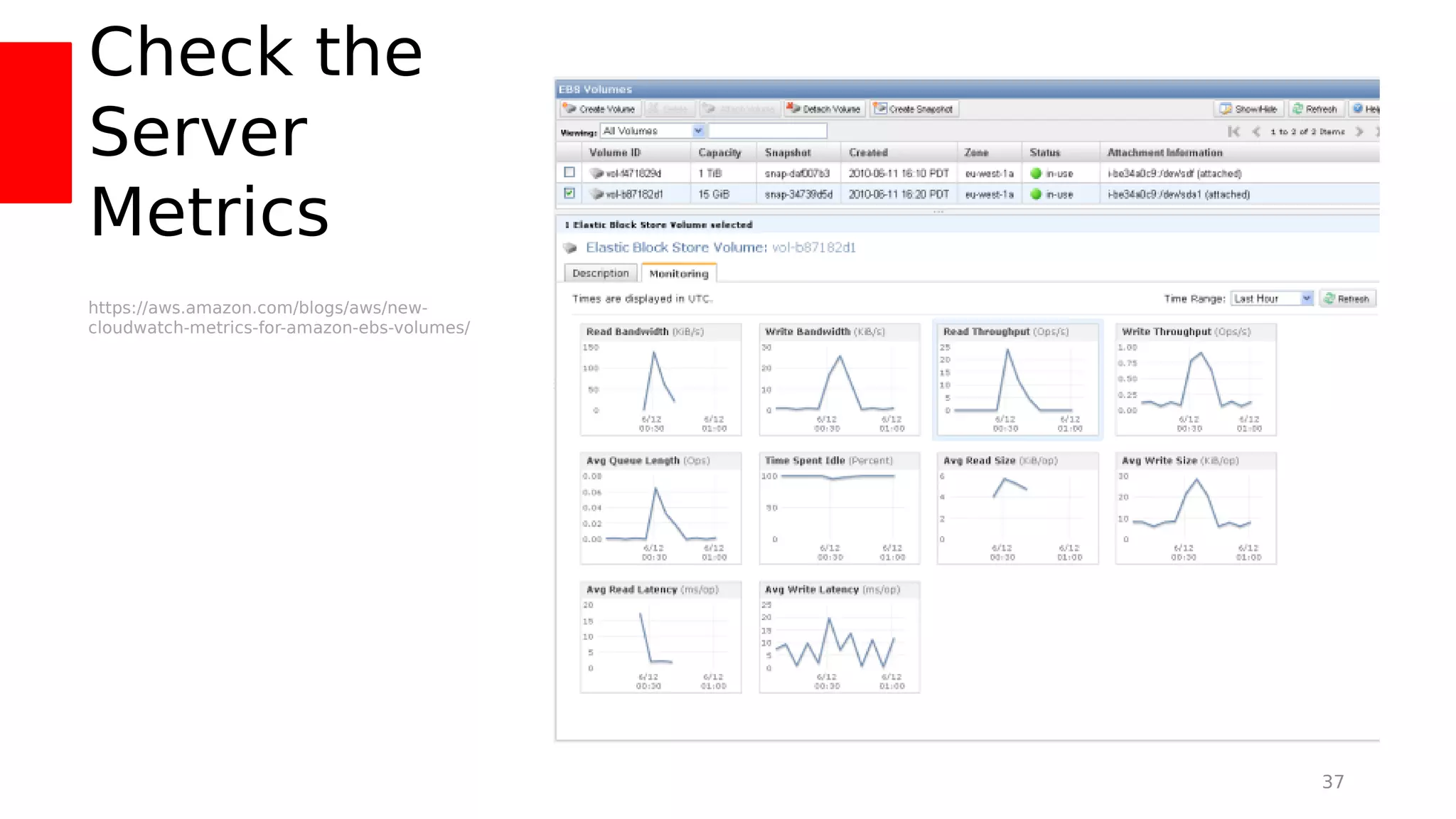 Check the
Server
Metrics
37
https://aws.amazon.com/blogs/aws/new-
cloudwatch-metrics-for-amazon-ebs-volumes/
 