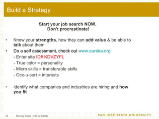 Build a Strategy <ul><li>Start your job search NOW.  </li></ul><ul><li>Don’t procrastinate! </li></ul><ul><li>Know your  s...