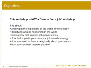 Objectives <ul><li>This  workshop is NOT a “how to find a job” workshop. </li></ul><ul><li>It is about: </li></ul><ul><li>...