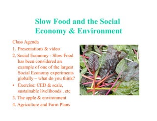 Slow Food and the Social
Economy & Environment
Class Agenda
1.  Presentations & video
2. Social Economy - Slow Food
has been considered an
example of one of the largest
Social Economy experiments
globally – what do you think?
•  Exercise: CED & scale,
sustainable livelihoods , etc
3. The apple & environment
4. Agriculture and Farm Plans
 